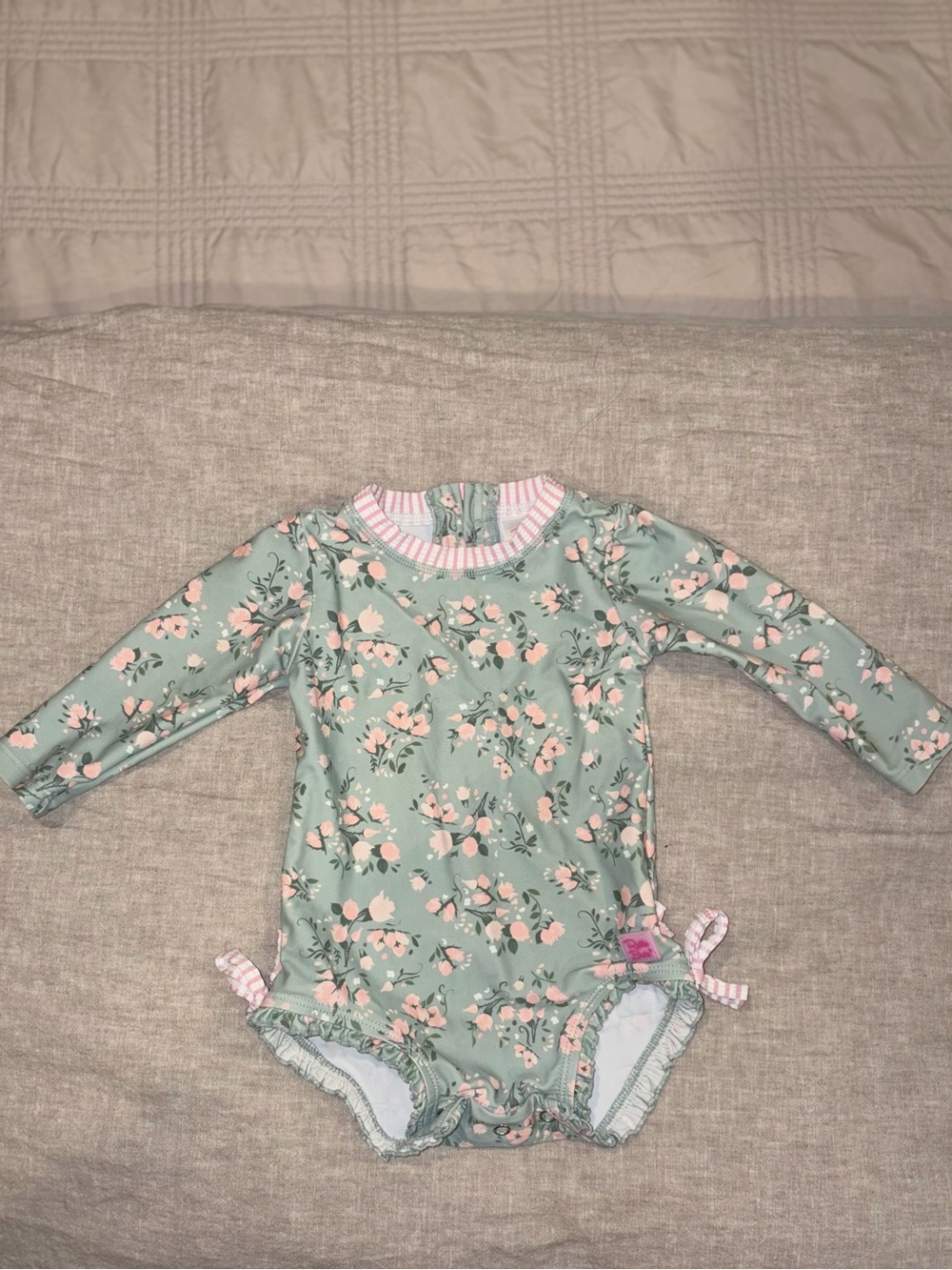 Ruffle Butts Green Floral Long-Sleeve One-Piece Bodysuit with Pink Accents